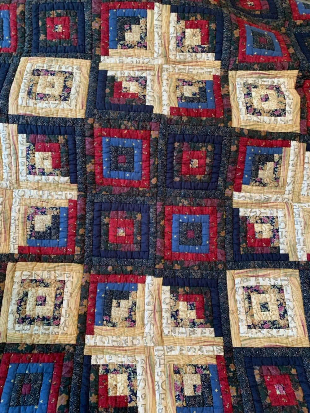 Handmade Log Cabin Patchwork Quilt - Navy, Red, Cream